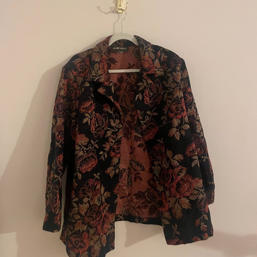 Vintage 90s Red Floral Embroidered Oversized Blazer with Shoulder Pads